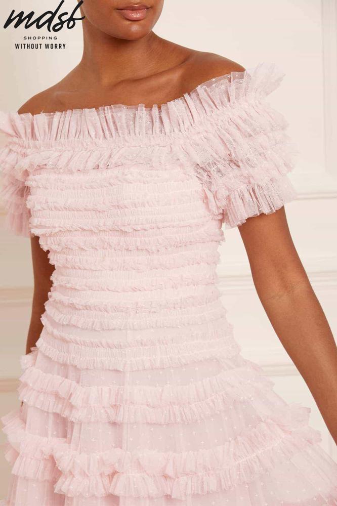 Needle & Thread CHRISTMAS SALE Lisette Ruffle Off Shoulder Micro Mini Dress - pink