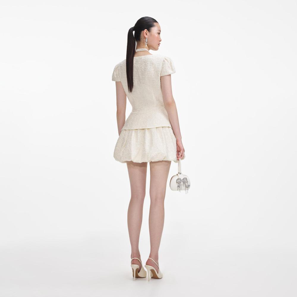 SELF PORTRAIT SS24 Cream Boucle Bow Detail Mini Dress