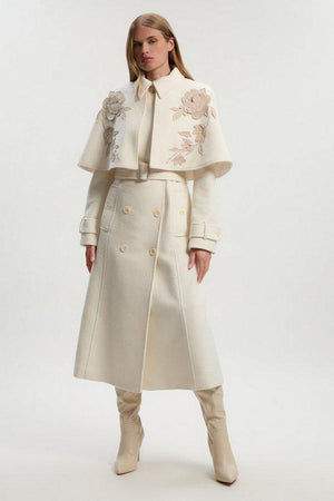 Karen Millen UK SALE Brushed Wool Pu Mix Placed Floral Embroidery Applique Tailored Cape Full Skirted Midi Coat - ivory