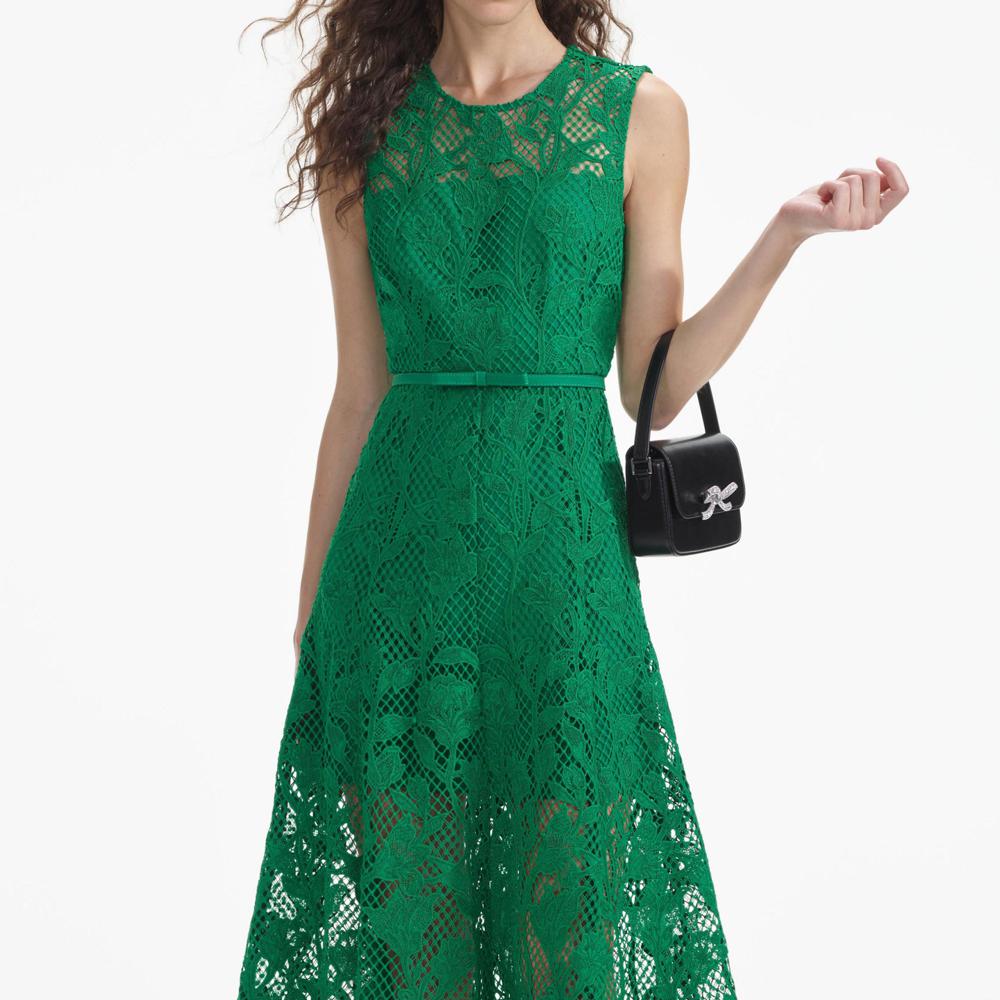 SELF PORTRAIT SS24 Green Lace Sleeveless Midi Dress