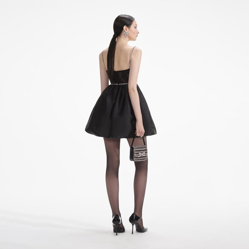 SELF PORTRAIT SS24 Black Taffetta Diamante Mini Dress