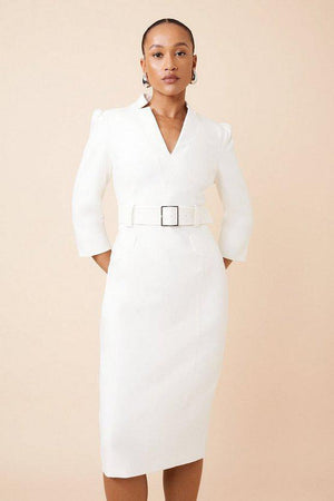 Karen Millen UK SALE Compact Stretch Tailored Forever Belted Midi Dress - ivory