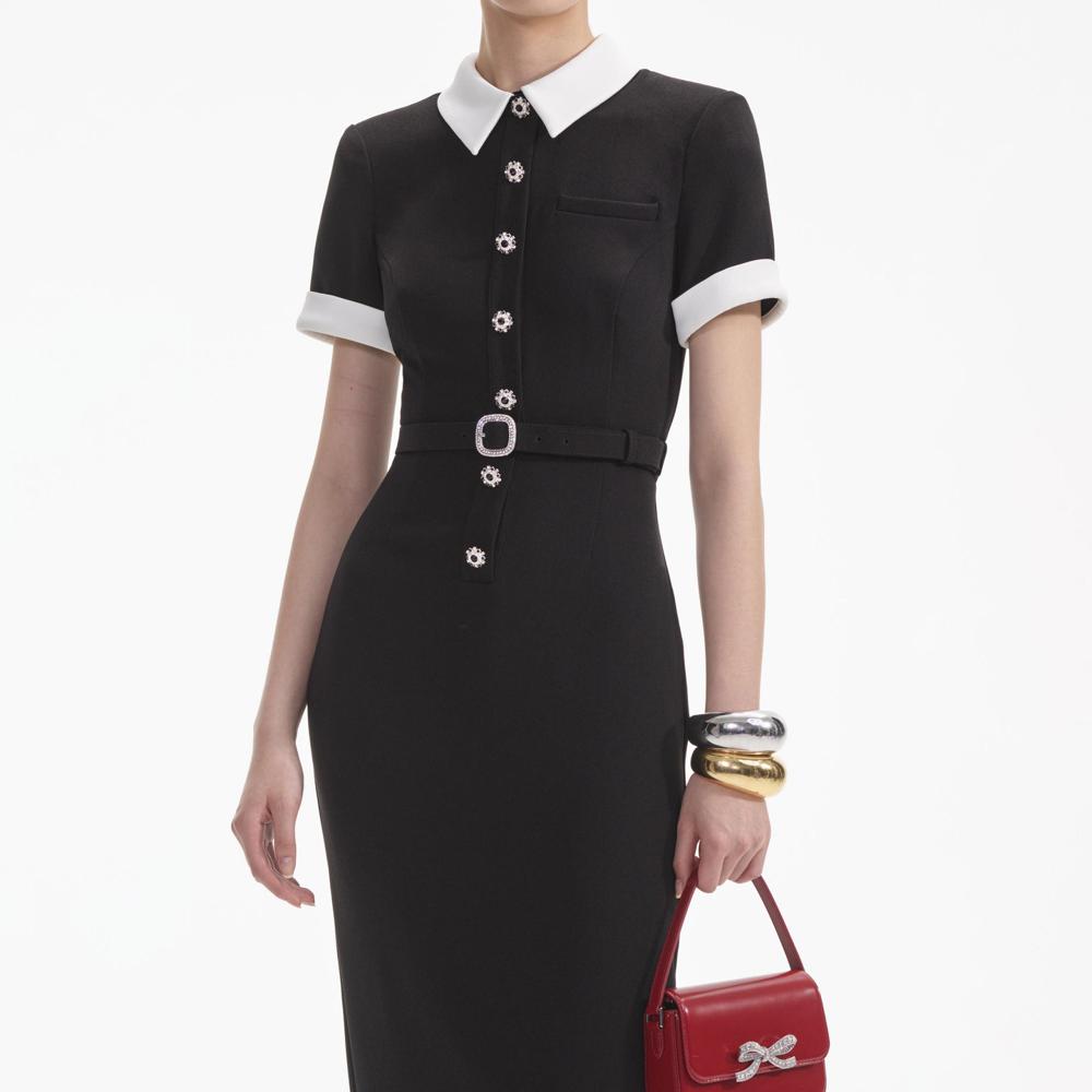 SELF PORTRAIT SS24 Black Crepe Contrast Midi Dress