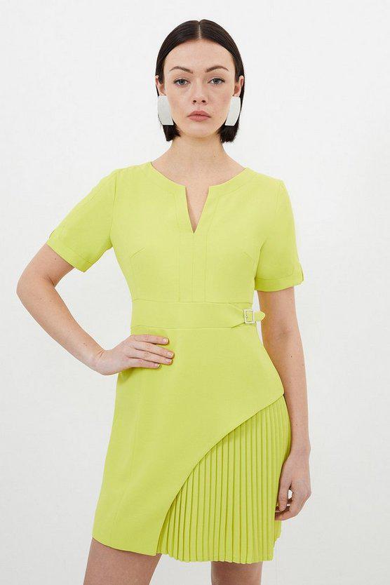 Karen Millen UK SALE Tailored Military Pleat Short Sleeve Mini Dress - lime