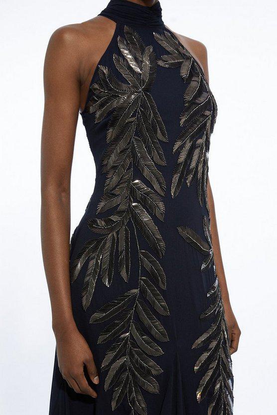 Karen Millen UK SALE Halter Neck Feather Sequin Detail Woven Maxi Dress