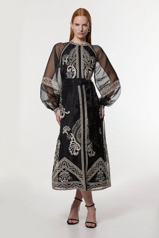 Karen Millen UK SALE Embroidered Organdie Balloon Sleeve Woven Maxi Dress - black
