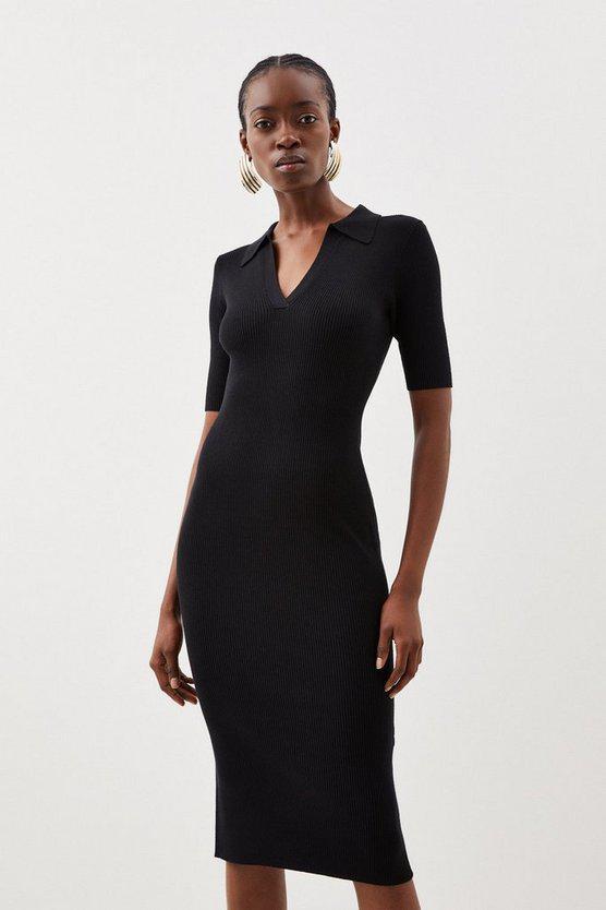 Karen Millen UK SALE Viscose Blend Collared Rib Knitted Midi Dress - black