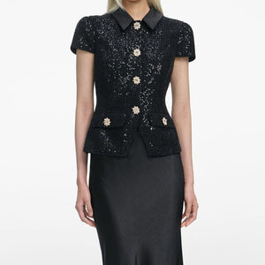 SP VIP PRICE Black Sequin Boucle Satin Maxi Dress