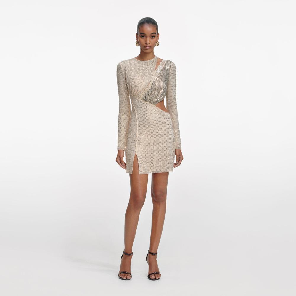 SP VIP PRICE Champagne Rhinestone Lace Trim Mini Dress