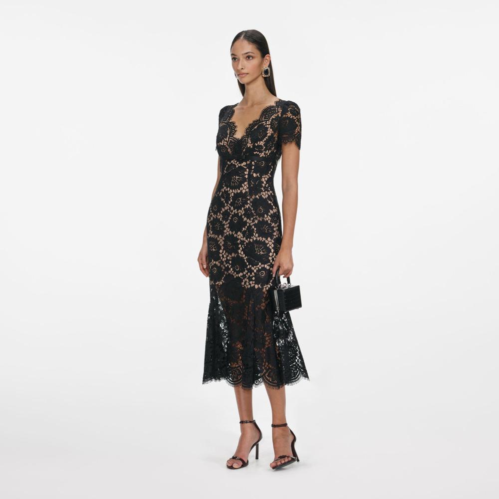 SP VIP PRICE Black Floral Lace Midi Dress