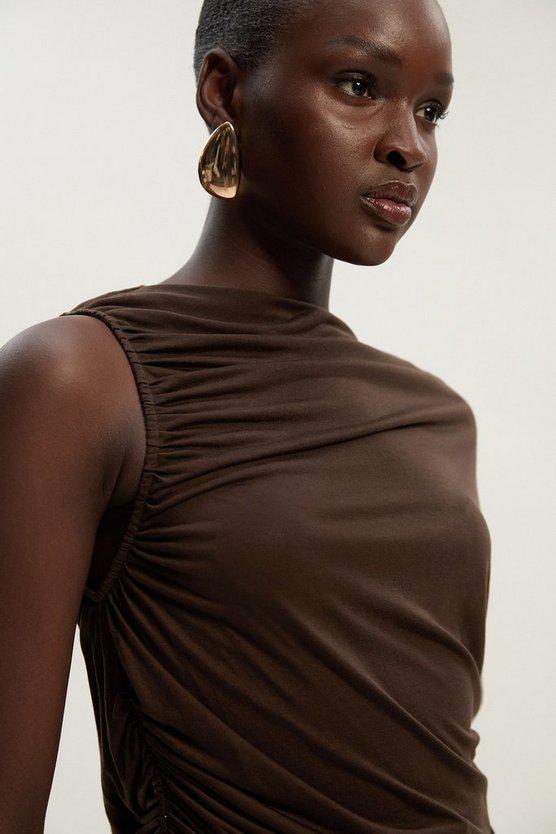 Karen Millen UK SALE Tencel Ruched Detail Top - chocolate