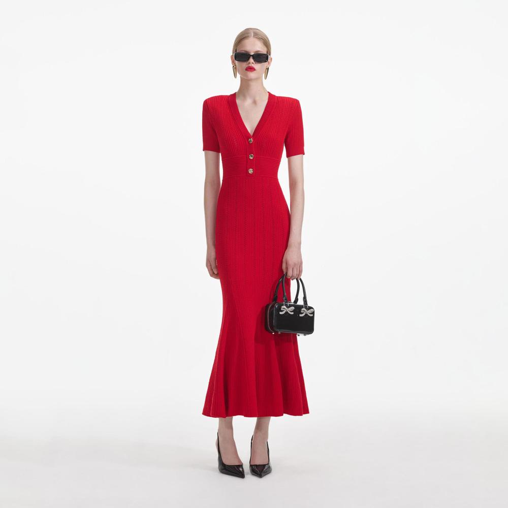 SELF PORTRAIT SS24 Red Pointelle Knit Midi Dress