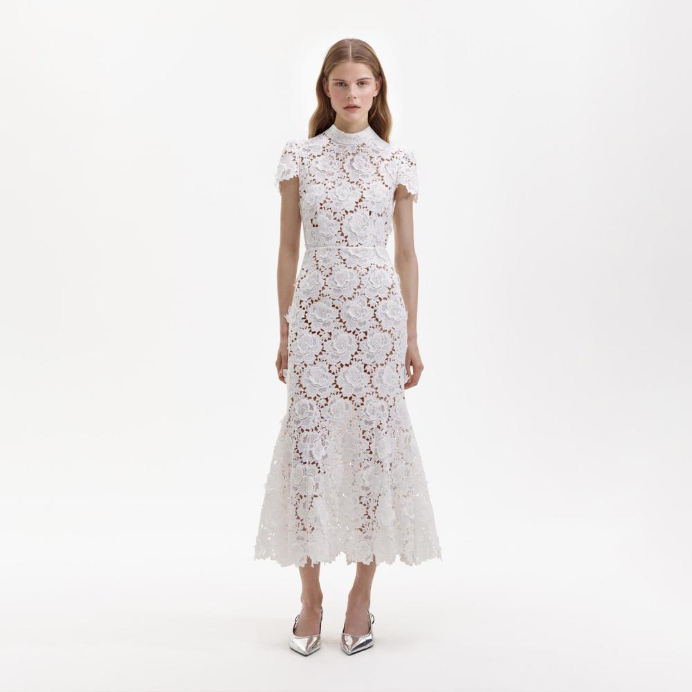 SELF PORTRAIT SS24 White Flower Lace Midi Dress