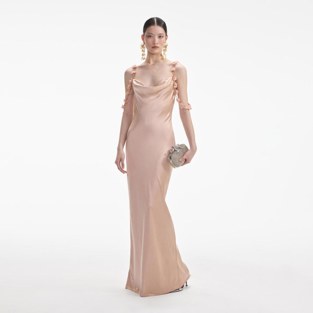 SELF PORTRAIT SS24 Rose Gold Satin Flower Maxi Dress