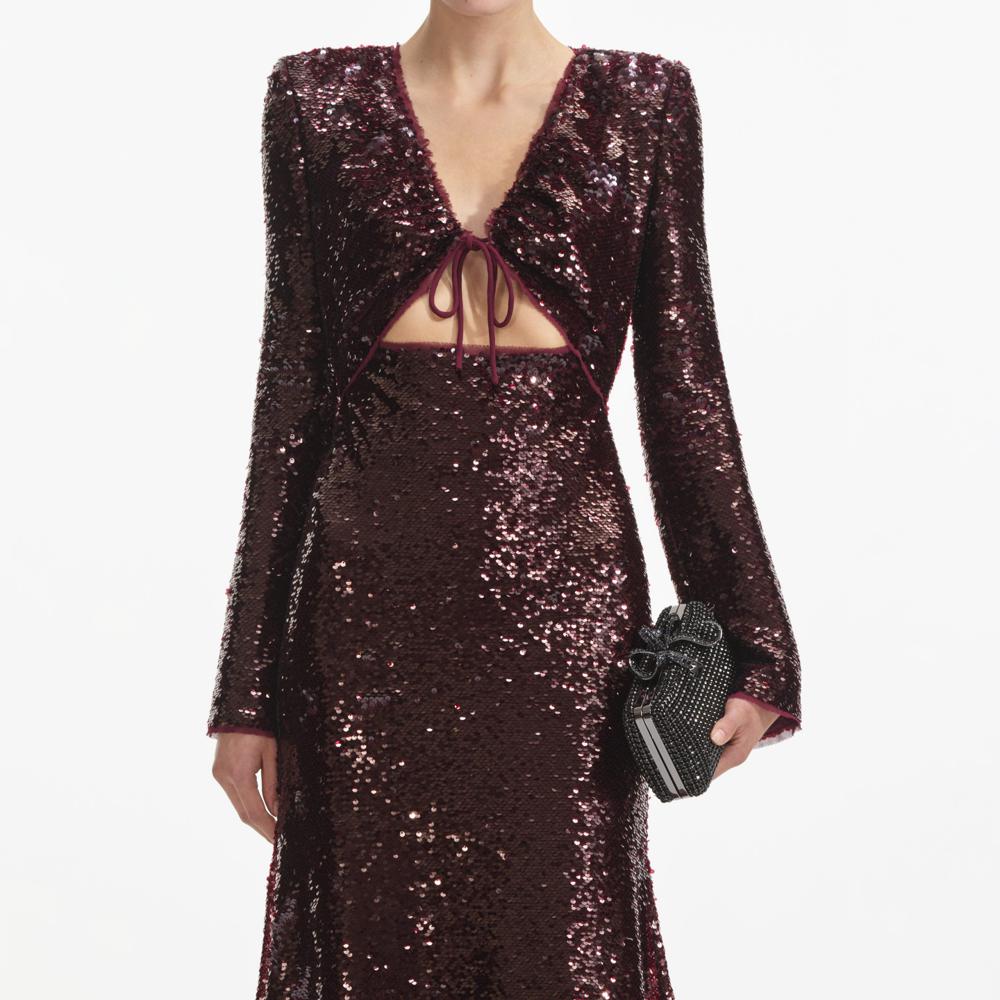 SELF PORTRAIT SS24 Burgundy Sequin Midi Dress