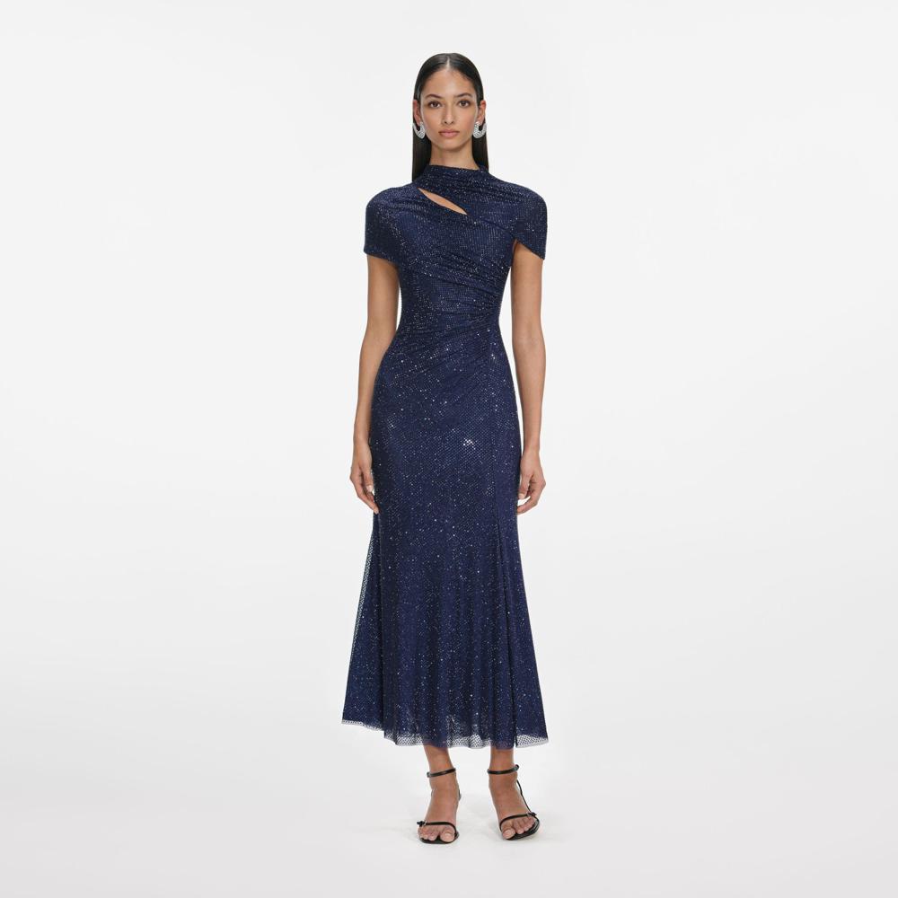 SP VIP PRICE Navy Rhinestone Mesh Cut Out Midi Dress