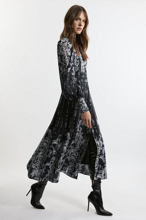 Karen Millen UK SALE Mono Floral Woven Button Up Maxi Dress