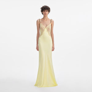 SELF PORTRAIT SS25 VIP PRICE Yellow Lace Satin Maxi Dress