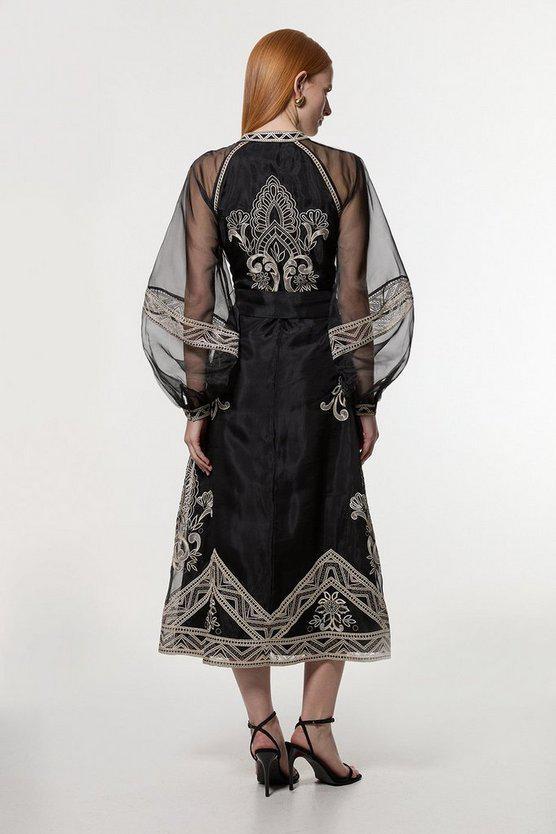 Karen Millen UK SALE Embroidered Organdie Balloon Sleeve Woven Maxi Dress - black