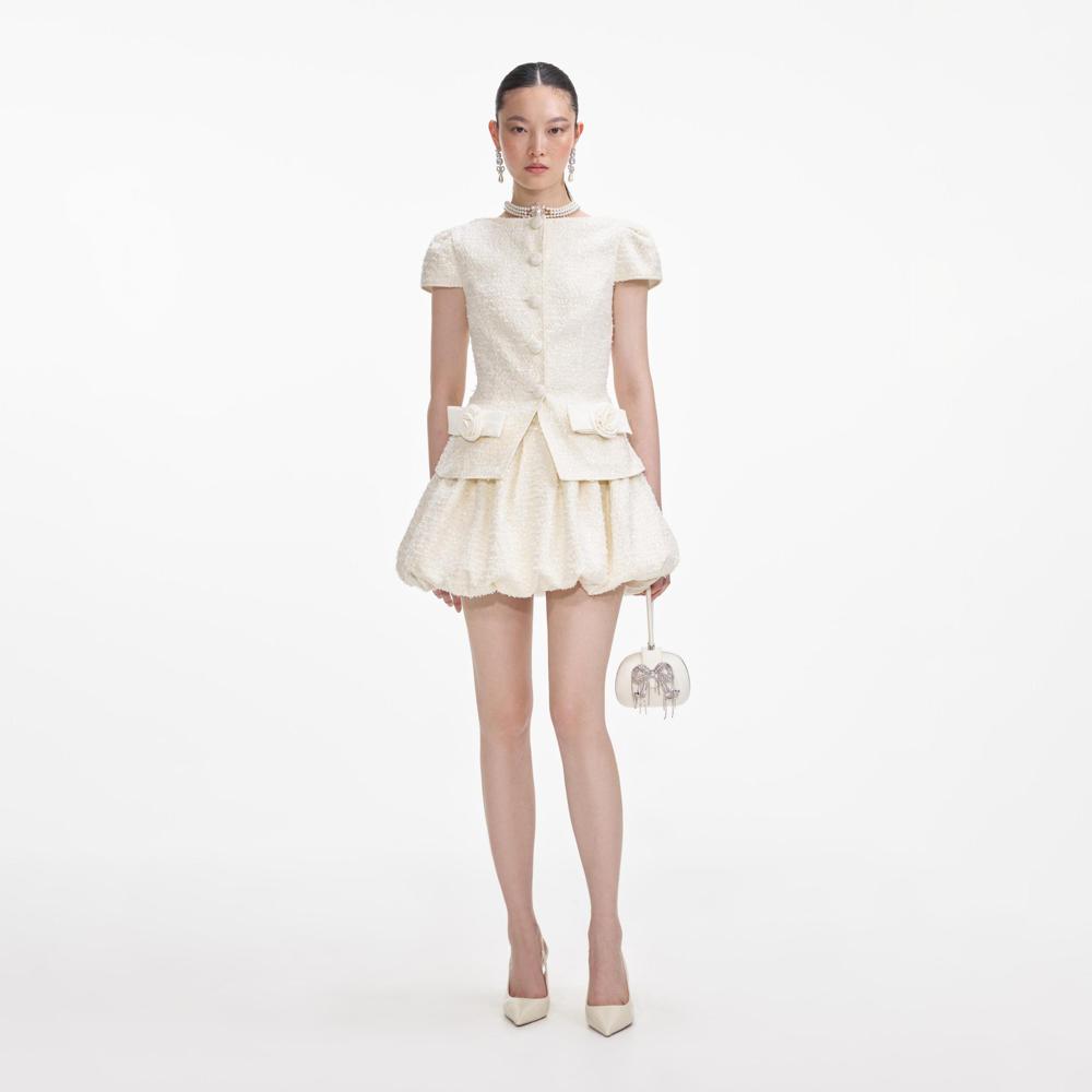 SELF PORTRAIT SS24 Cream Boucle Bow Detail Mini Dress