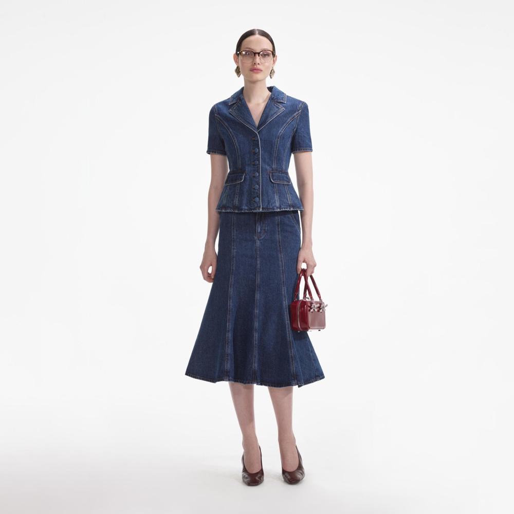 SELF PORTRAIT SS24 Flared Denim Midi Dress