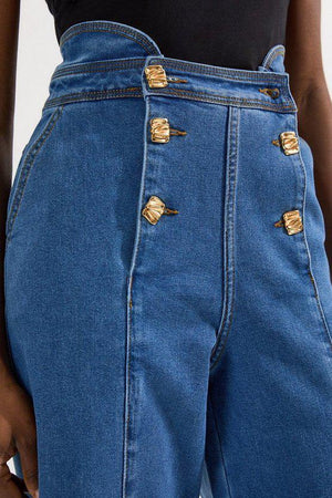 Karen Millen UK SALE Denim Button Front Culottes Trousers - mid blue