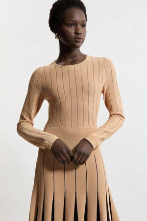 Karen Millen UK SALE Pointelle Colour Block Full Skirted Viscose Blend Knit Dress