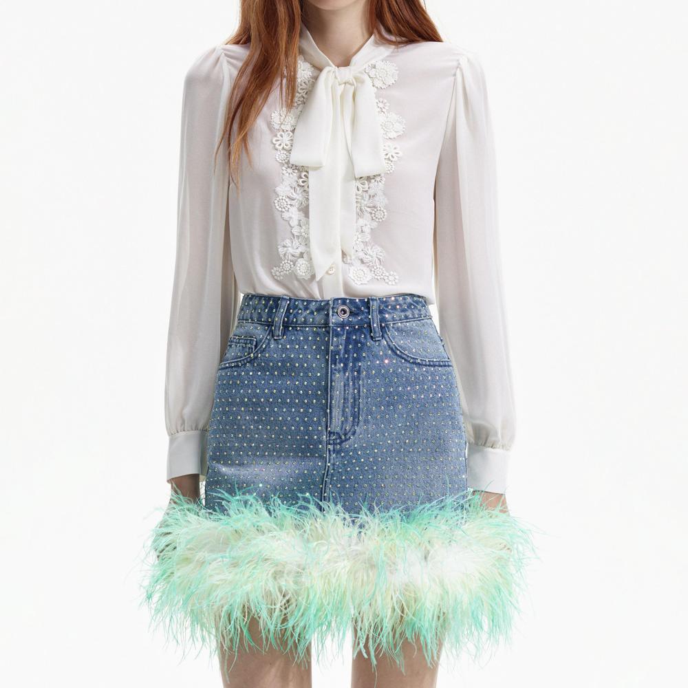 SELF PORTRAIT BLACK FRIDAY SALE Blue Rhinestone Feather Denim Skirt