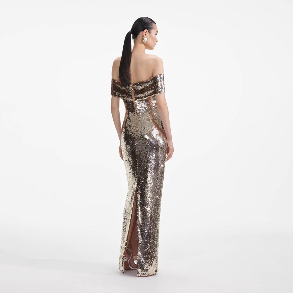 SELF PORTRAIT VIP SS24 Gold Sequin Maxi Dress