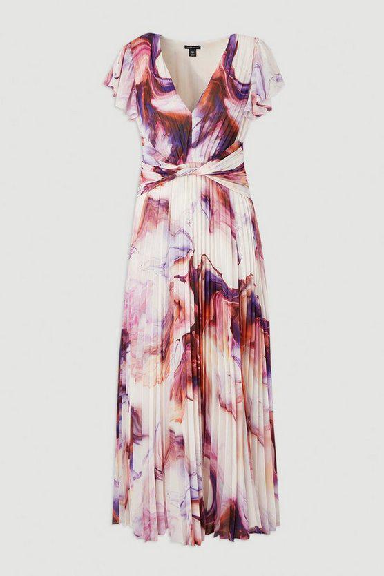 Karen Millen UK SALE Marble Soft Pleated V Neck Woven Maxi Dress