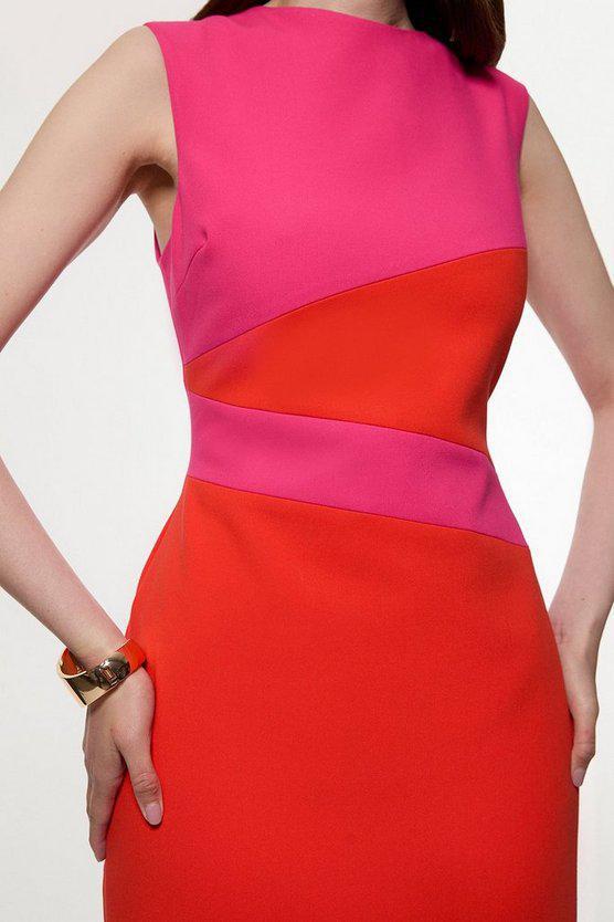 Karen Millen UK SALE Compact Stretch Colourblock Tailored Pencil Dress - hot pink
