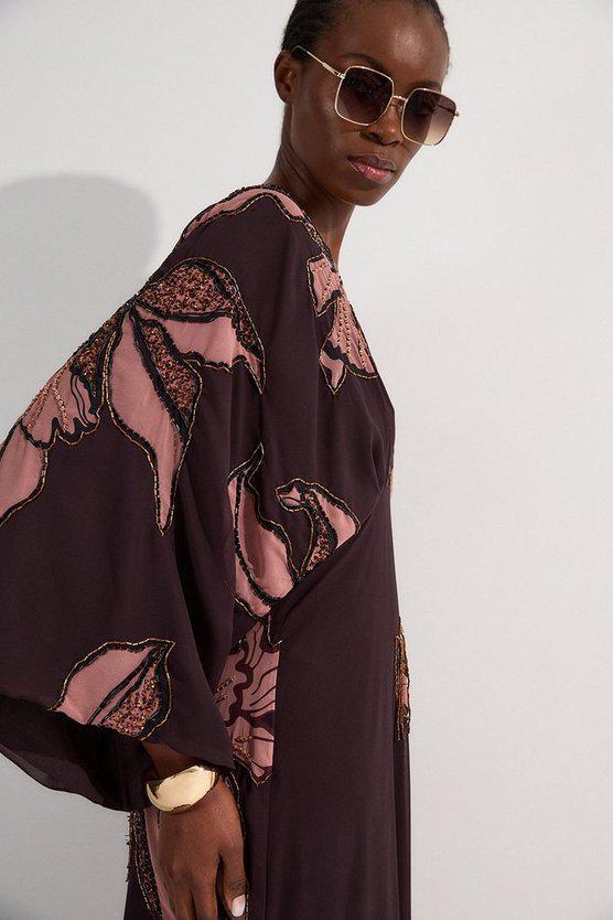 Karen Millen UK SALE Drama Kimono Sleeve Printed And Beaded Woven Maxi Dress