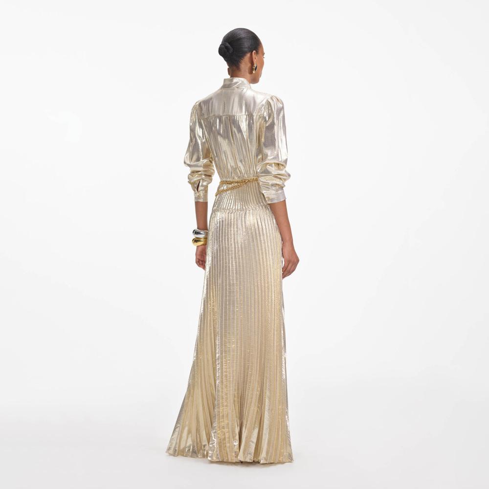 SELF PORTRAIT VIP SS24 Gold Metallic Pussy Bow Maxi Dress