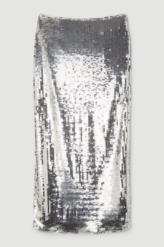 Karen Millen UK SALE Sequin Front Split Woven Midi Skirt - silver