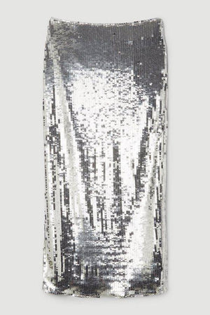 Karen Millen UK SALE Sequin Front Split Woven Midi Skirt - silver