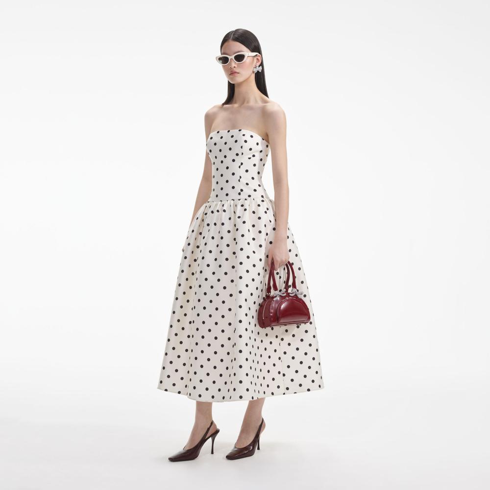 SELF PORTRAIT SS24 Cream Polka Dot Taffeta Midi Dress