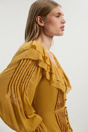 Karen Millen UK SALE Georgette Ruffle Woven Maxi Dress - ochre