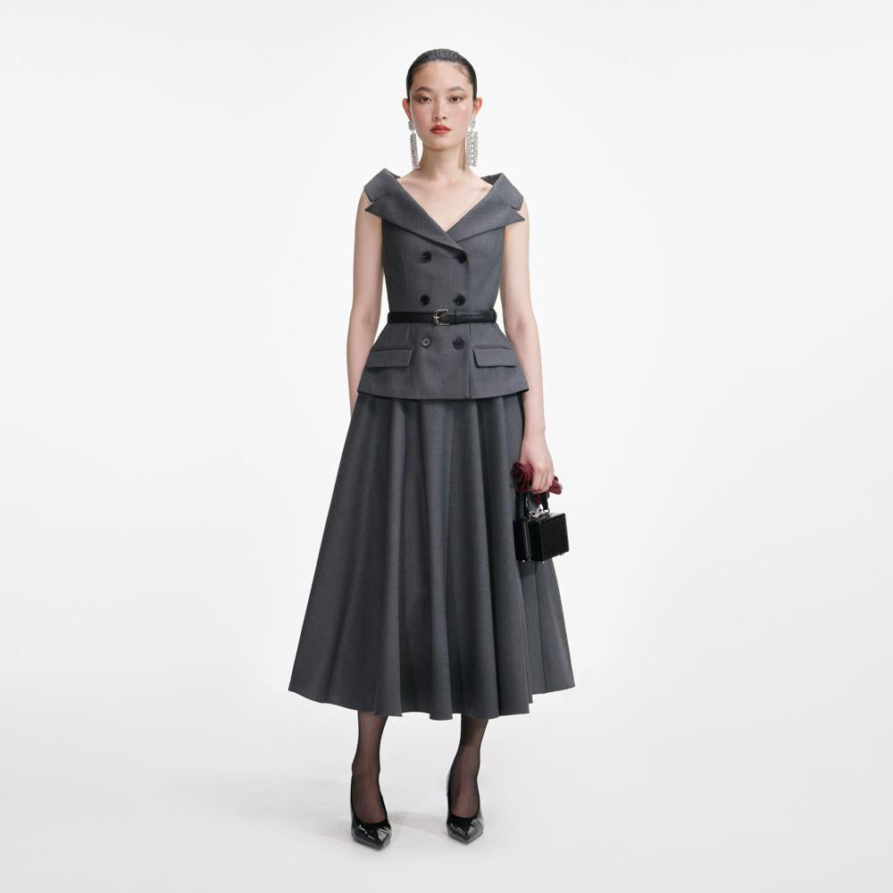 SP VIP PRICE Grey Wool Tailored Midi Dress