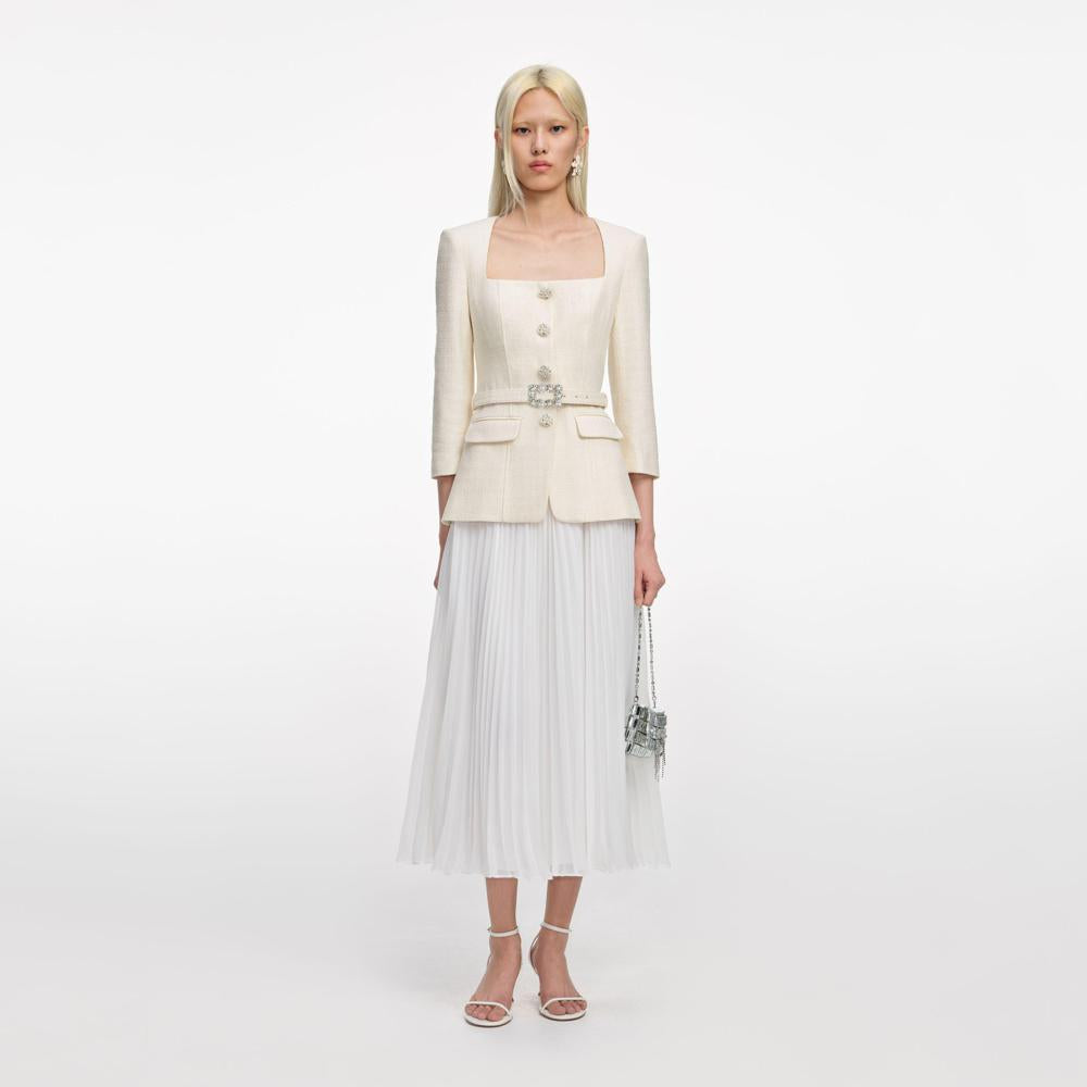 SP VIP PRICE Cream Boucle Long Sleeve Chiffon Midi Dress