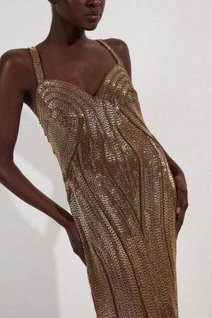 Karen Millen UK SALE Beaded Contour Sweet Heart Neckline Woven Maxi Dress - gold