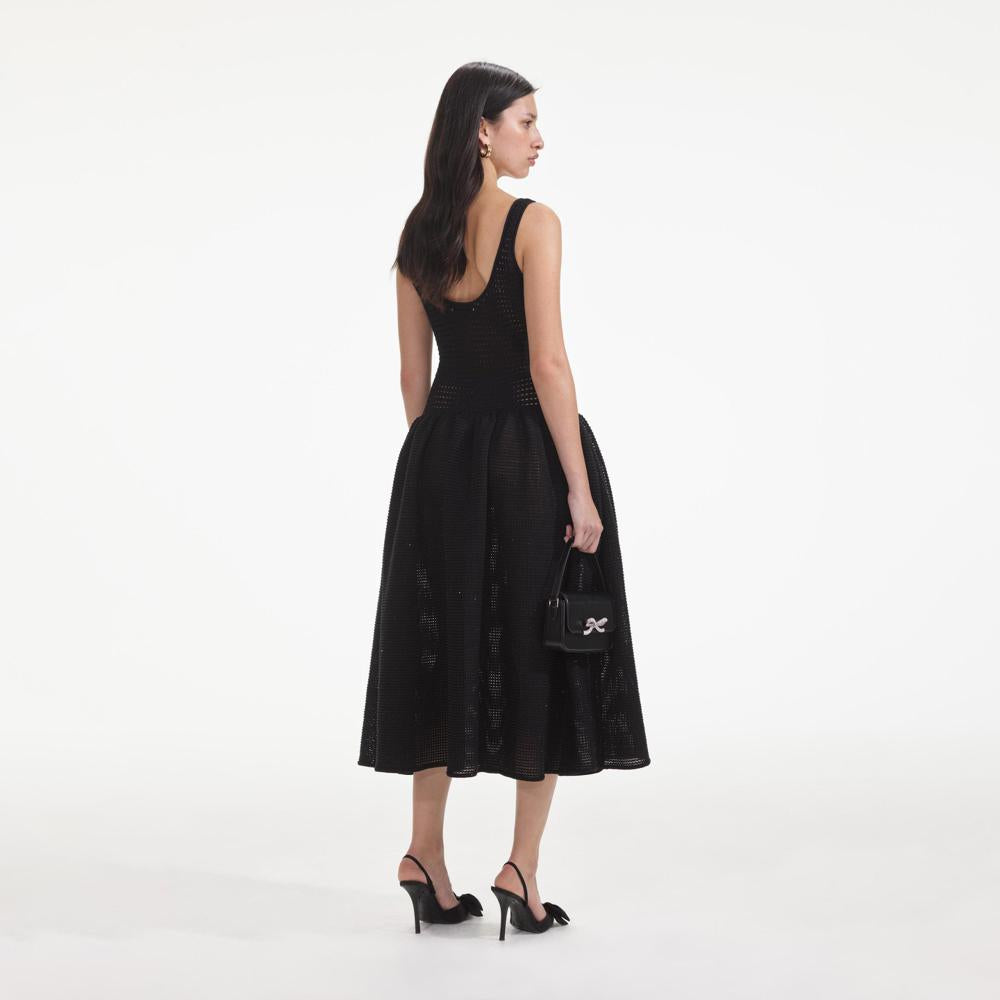 SELF PORTRAIT SS24 Black Crochet Knit Midi Dress