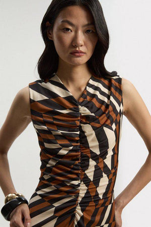 Karen Millen UK SALE Geo Printed Jersey Crepe Hanky Hem Maxi Dress