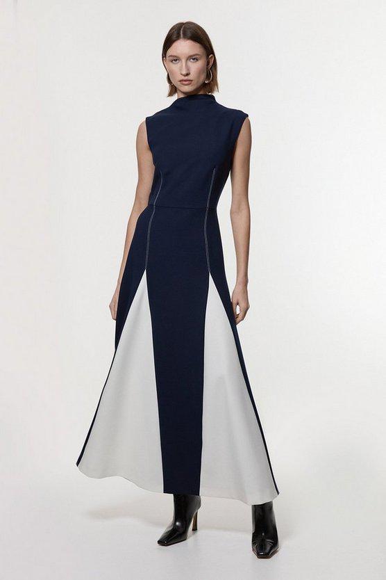 Karen Millen UK SALE Compact Stretch Tailored Colour Block Full Skirted Midi Dress - navy