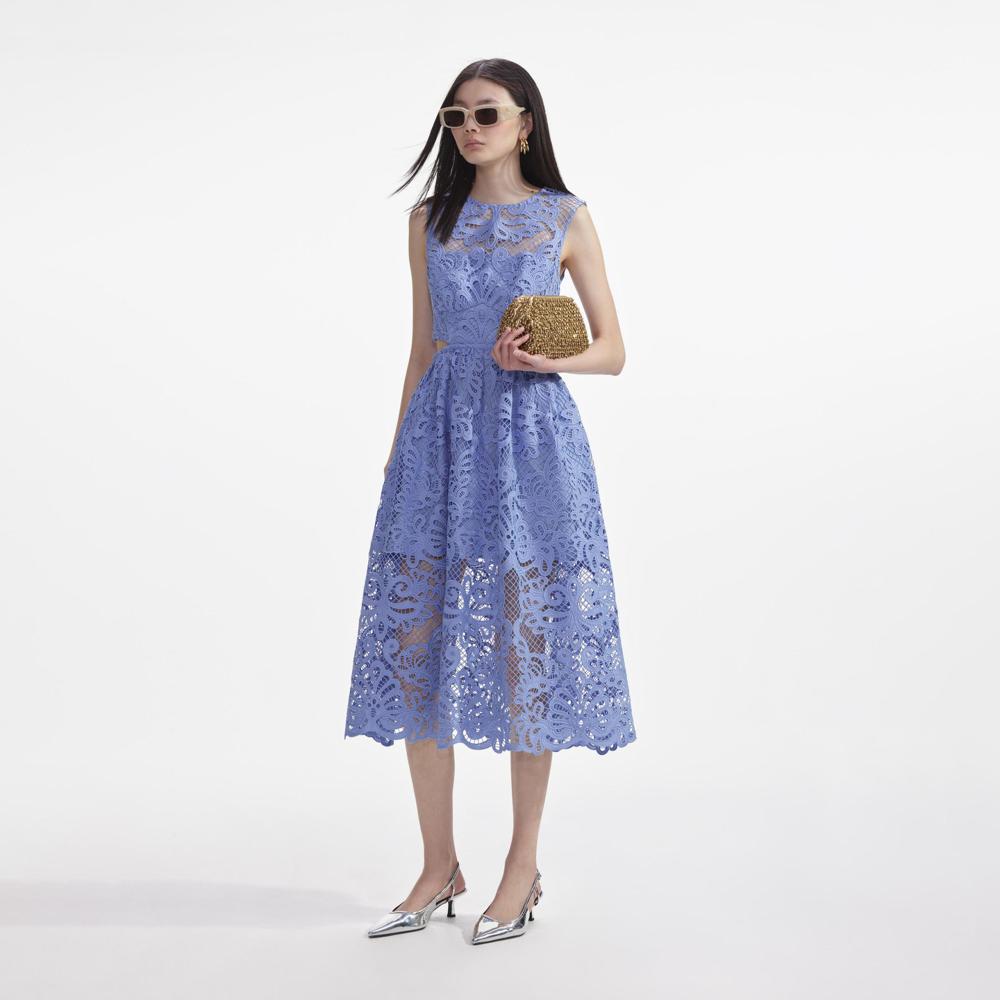 SELF PORTRAIT SS24 Blue Lace Cut Out Midi Dress