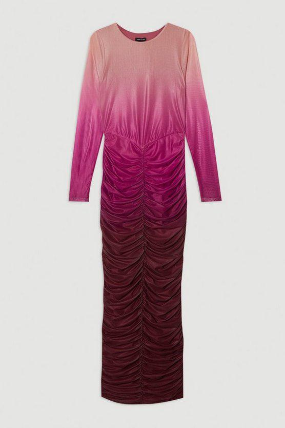 Karen Millen UK SALE Ombre Printed Mesh Ruched Long Sleeve Maxi Dress - pink