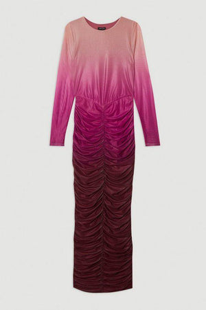 Karen Millen UK SALE Ombre Printed Mesh Ruched Long Sleeve Maxi Dress - pink