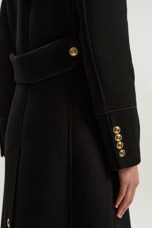 Karen Millen UK SALE Wool Double Breasted Military Tailored Midi Coat - black