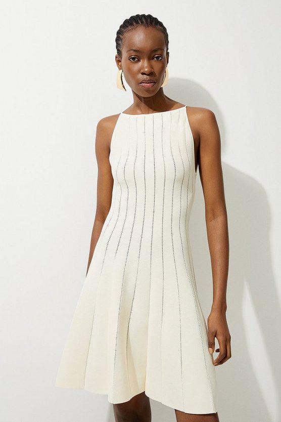 Karen Millen UK SALE Viscose Blend Sheer Detail Knit Flippy Mini Dress - cream
