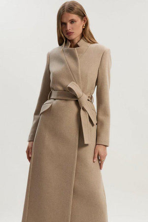 Karen Millen UK SALE Wool Investment Notch Neck Tailored Maxi Coat - oatmeal