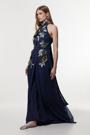 Karen Millen UK SALE Floral 3D Embellished Halter Tie Neck Woven Maxi Dress